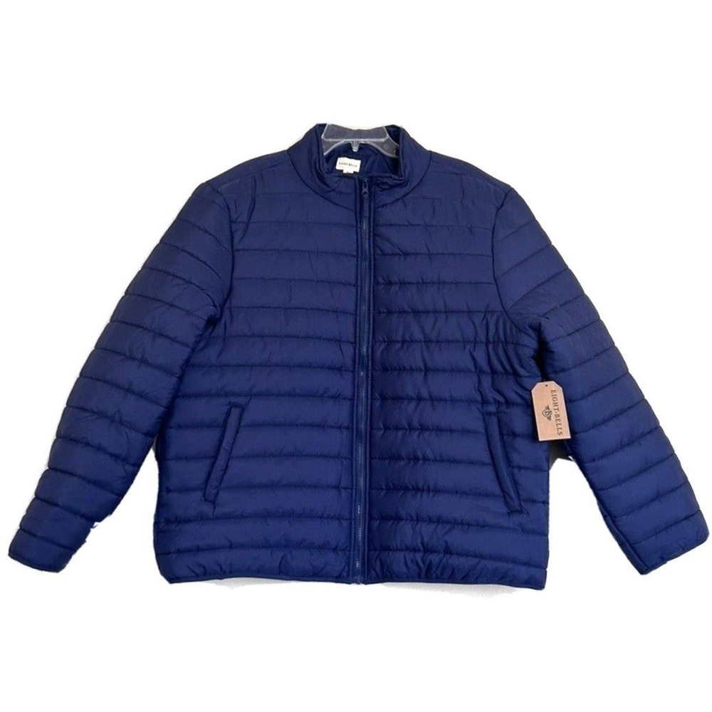 Eight Bells Mens Navy Blue Quilted Puffer Jacket Full Zip Mock Neck Large NEW